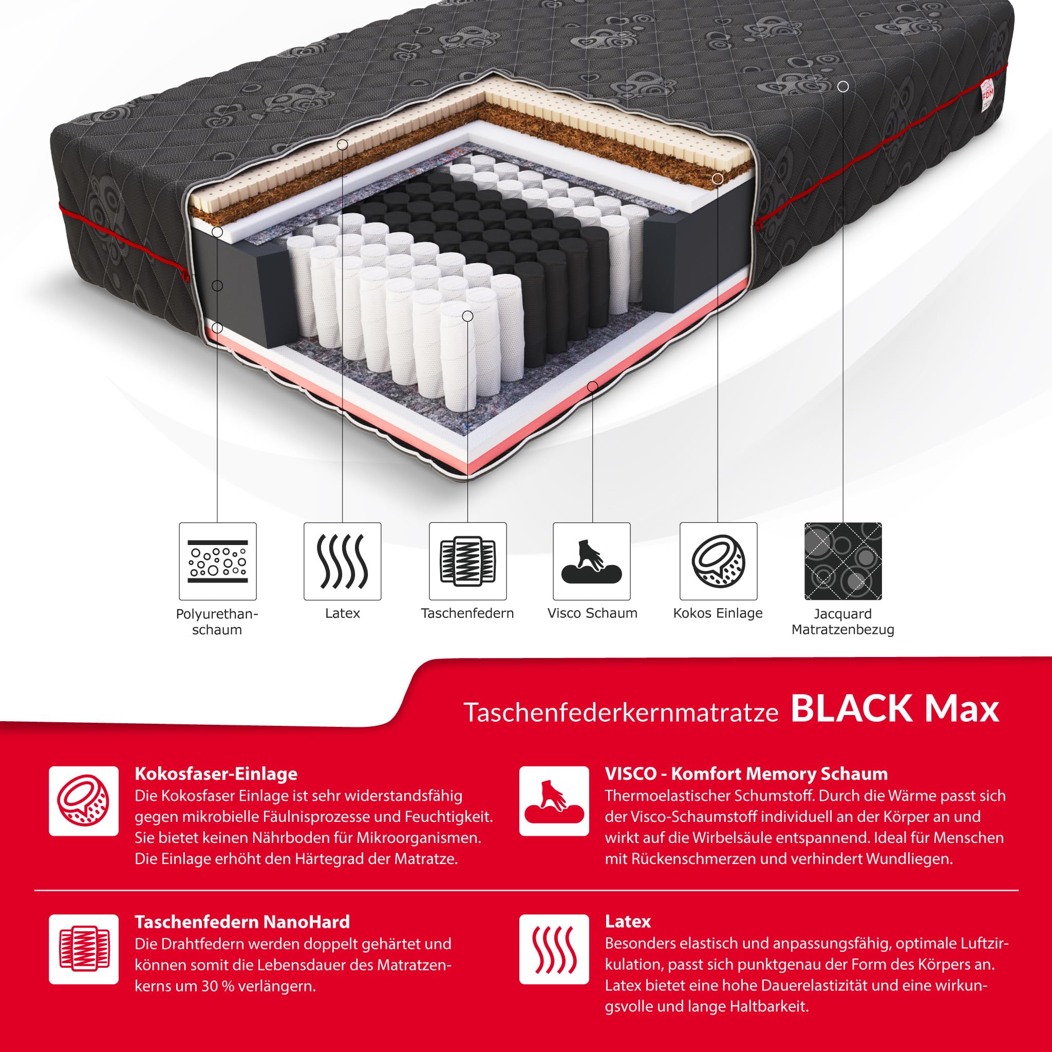FDM Black MAX Materac 180 x 200 cm, z zimnej pianki, rdzeń ze sprężyn kieszeniowych, wysokość 28 cm, stopień twardości H3, lateks, pianka kokosowa, pianka Visco, Öko-Tex, nadaje się dla alergików,