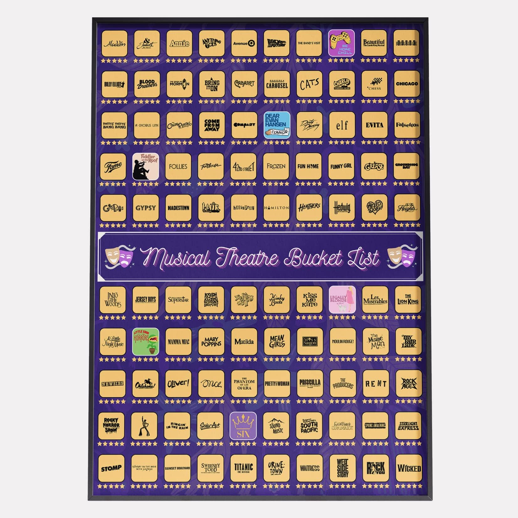 100 Musical Theater Shows Scratch Off Poster - Gift for Musical Theatre Fans & Broadway Lovers - 23"x17"