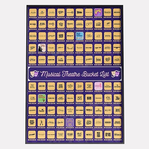 Póster para raspar con 100 espectáculos de teatro musical, regalo para fanáticos del teatro musical y amantes de Broadway, 23 x 17 pulgadas