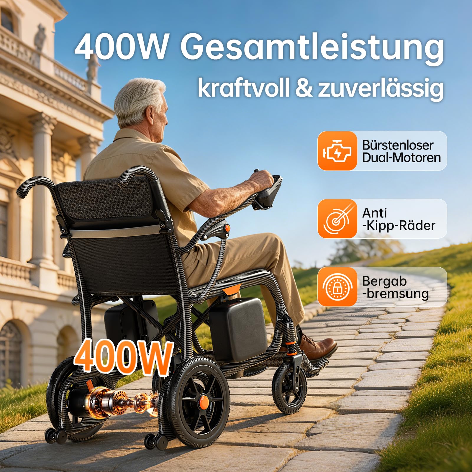 209 Carbon Elektrorollstuhl Ultraleicht, 45 km Reichweite Elektrischer Rollstuhl, Carbon-Rahmen Klappbar Elektrische Rollstühle, Leichtester E-Rollstuhl mit 130kg Tragkraft