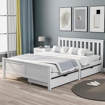 Wooden Solid White Pine Storage Bed with Drawers, 4FT6 Double Bed Frame 190x135cm, Durable Slatted Base, Modern Design for Adults, Kids, and Teenagers (White) - NO MATRESS