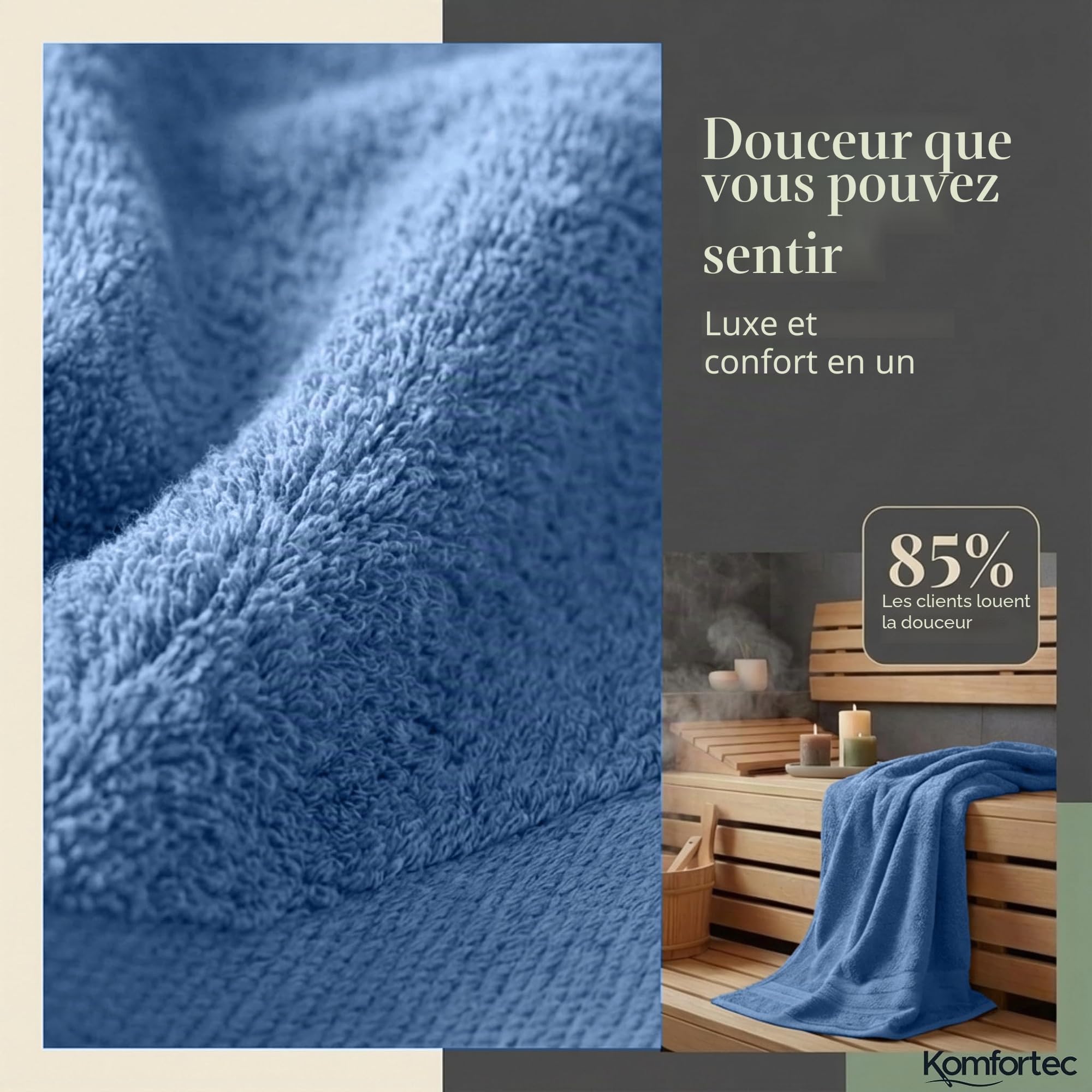 Komfortec Lot de 8 Serviettes 100% Coton, 4 Serviettes de Bain de 70 x 140 cm et 4 Serviettes de Toilette de 50 x 100 cm, éponge Douce, Grande Taille, Anthracite/Bleu Clair