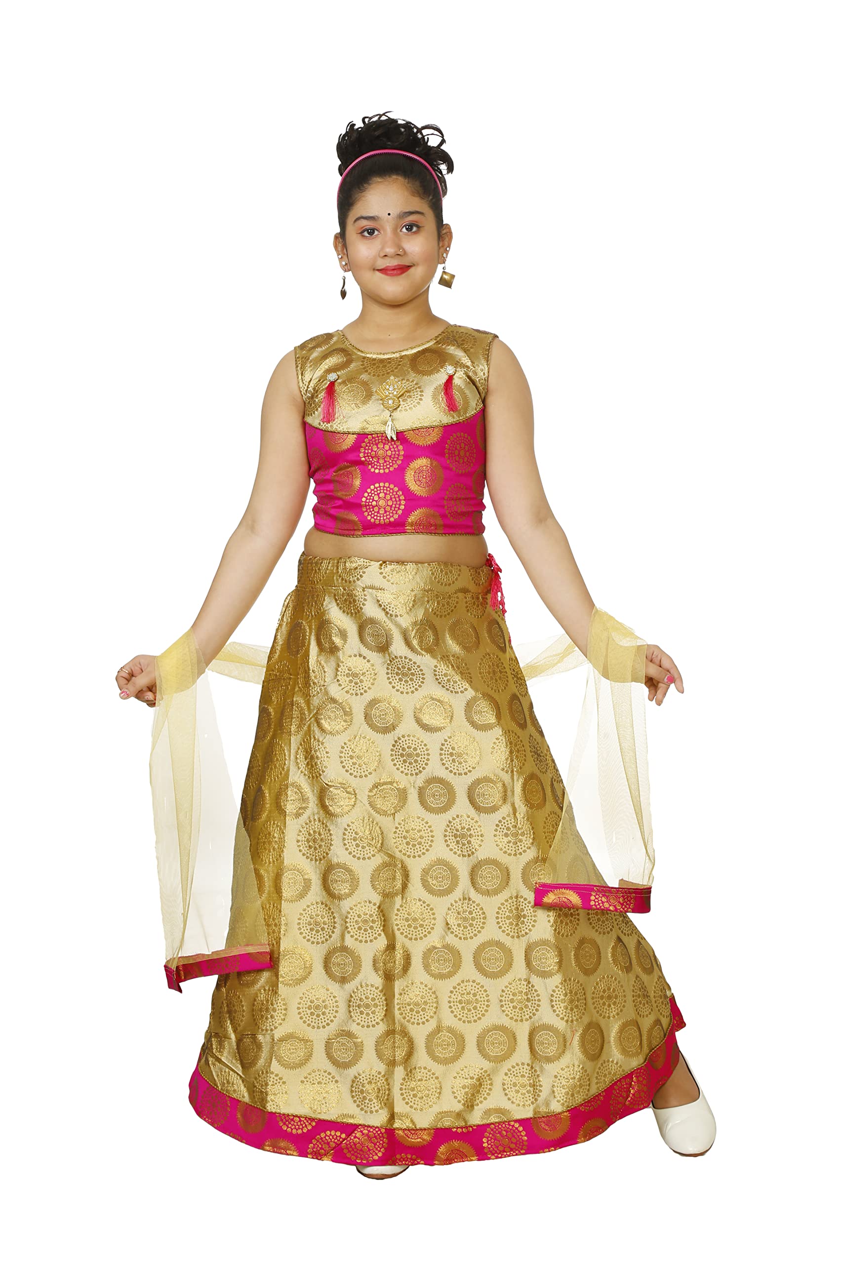 YAYAVARGirl's Printed Art Silk Full Stitched Ethnic Lehenga Choli and Dupatta Set