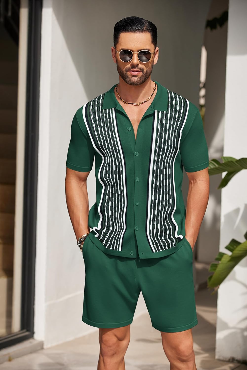 COOFANDY Men's 2 Piece Outfit Vintage Short Sleeve Button Down Knit Polo Shirts Casual Beach Shorts Sets - Image 2