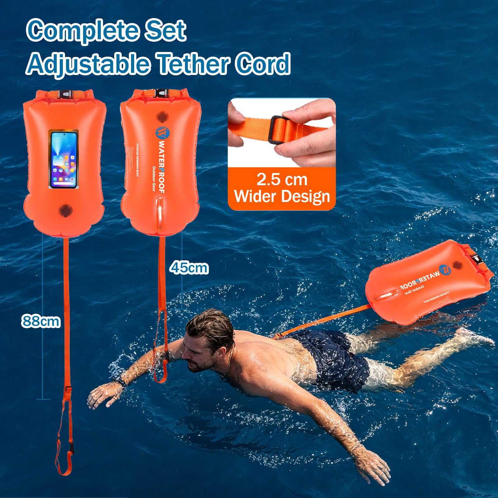 Schwimmboje mit Touchscreen-Fach für Triathlon & Freiwasser | Sicherer Auftrieb, wasserdichtes Trockenfach, Doppelkammer, bis 100 kg, 0.35 mm PVC, sichtbar im See, Strand, Familie, Geschenk