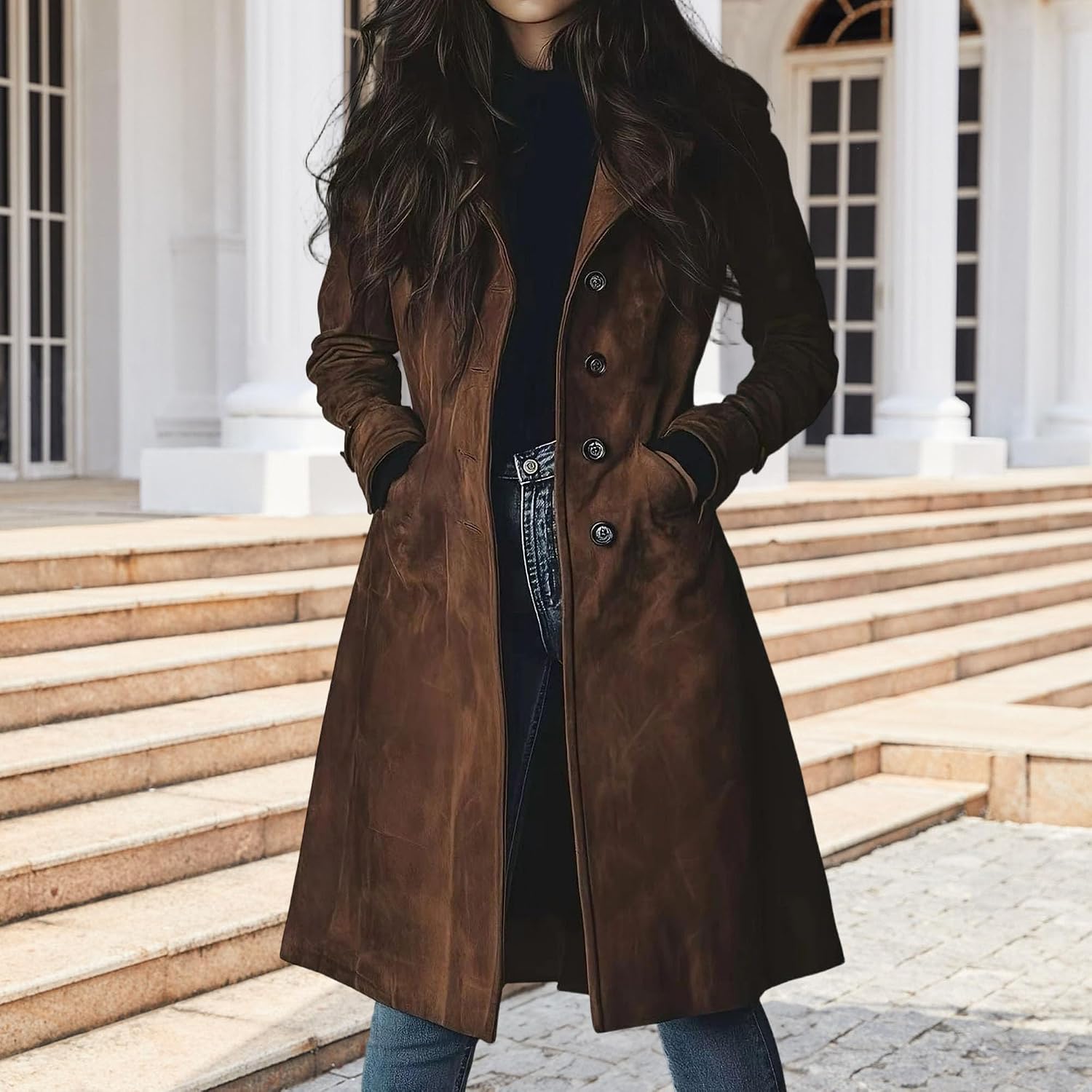 Women's Faux Suede Trench Coat Notched Lapel Single Breasted Jacket Long Trench Coat Pea Coat Overcoat Outerwear