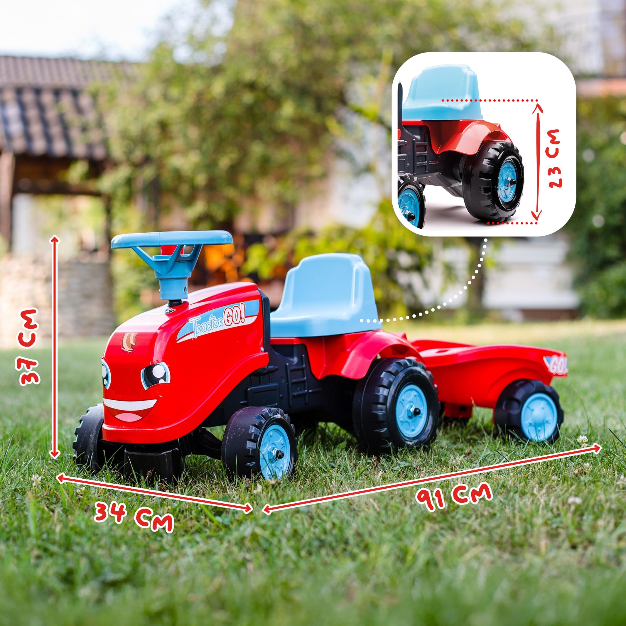 Falk - Traktor Go! Samochód ślizgowy z przyczepą – od 12 miesięcy 2 style do personalizacji - Tablica rejestracyjna z możliwością personalizacji - 200B