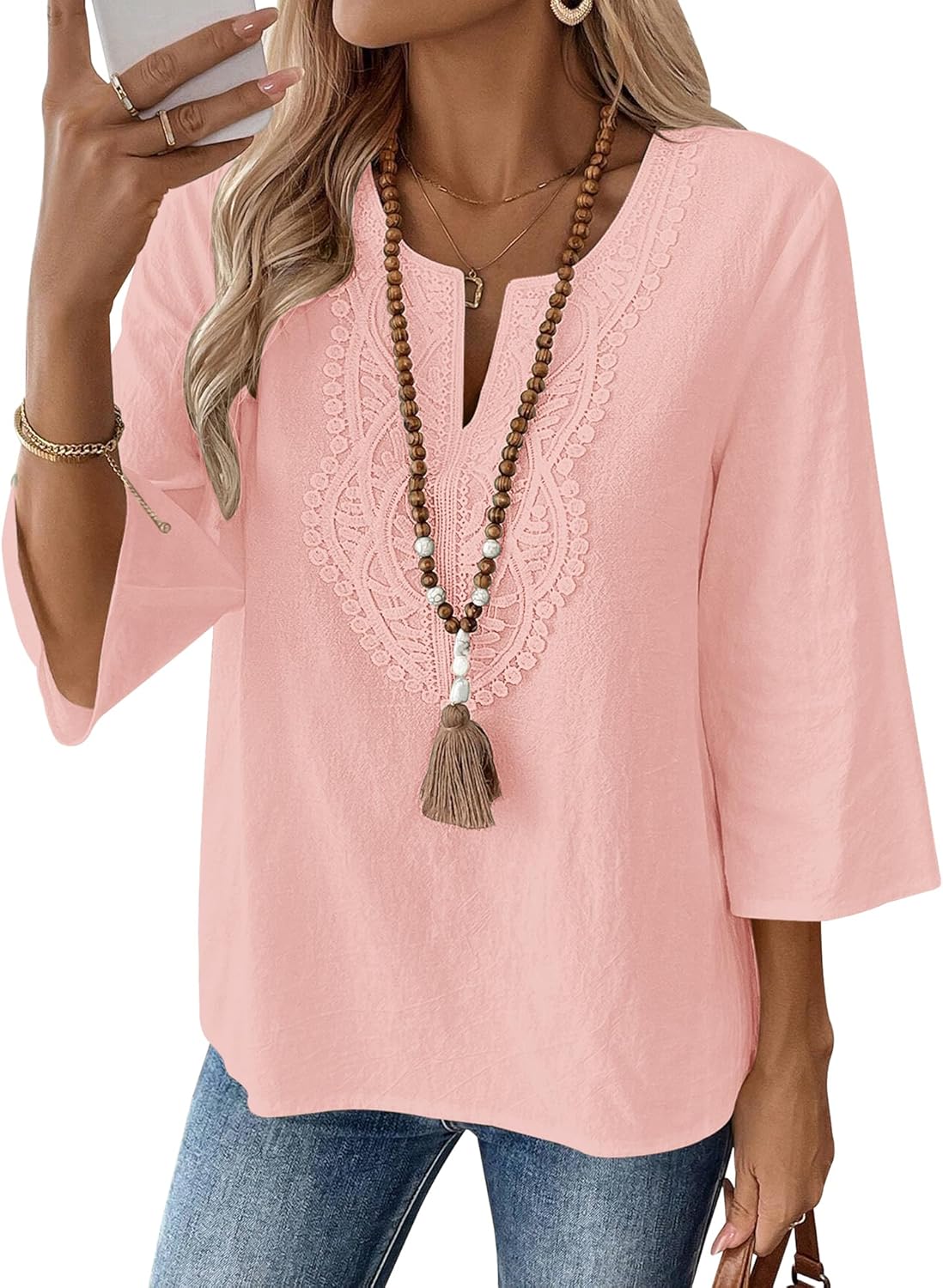 LOMON Womens 3/4 Sleeve Tops Cotton Linen Shirts V Neck Lace Casual Loose Fit Blouses Boho Fashion