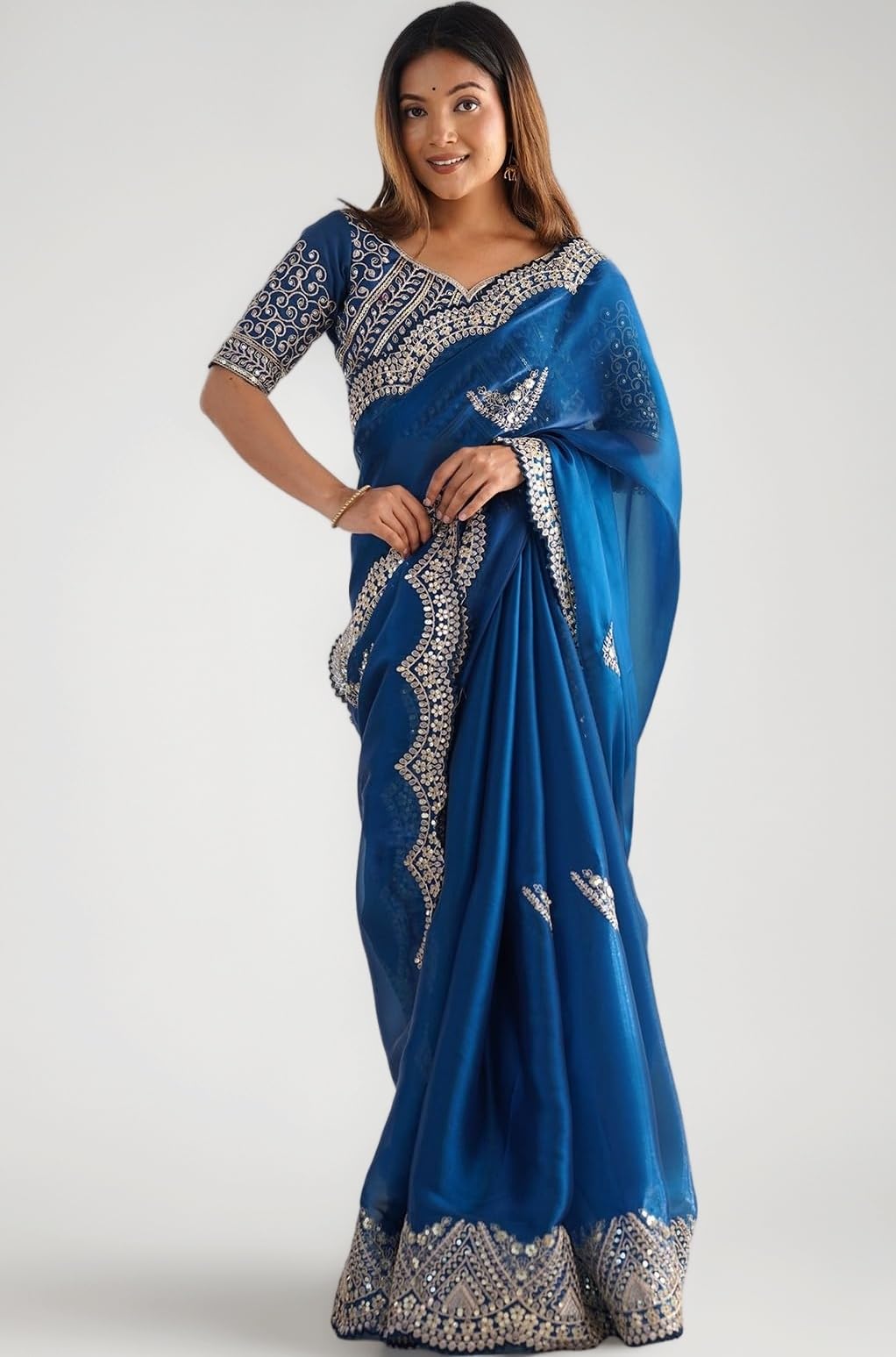Women's Tissue Silk Jimmy Choo Sequin Embroidered Saree with Unstitched Blouse Piece
