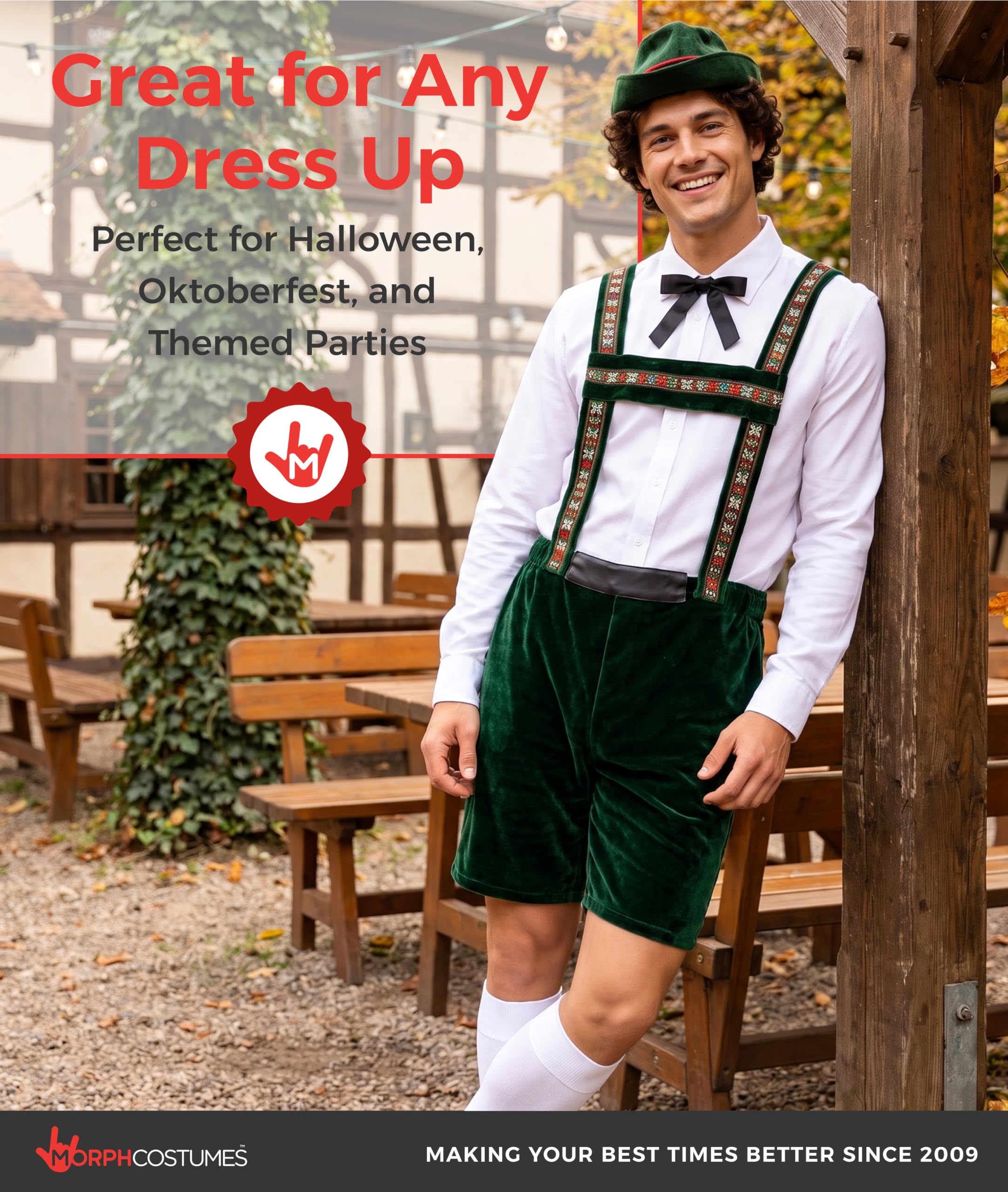 Morph Strój Oktoberfest dla Mężczyzn - Bawarskie Lederhosen z Koszulą i Kapeluszem na Andrzejki