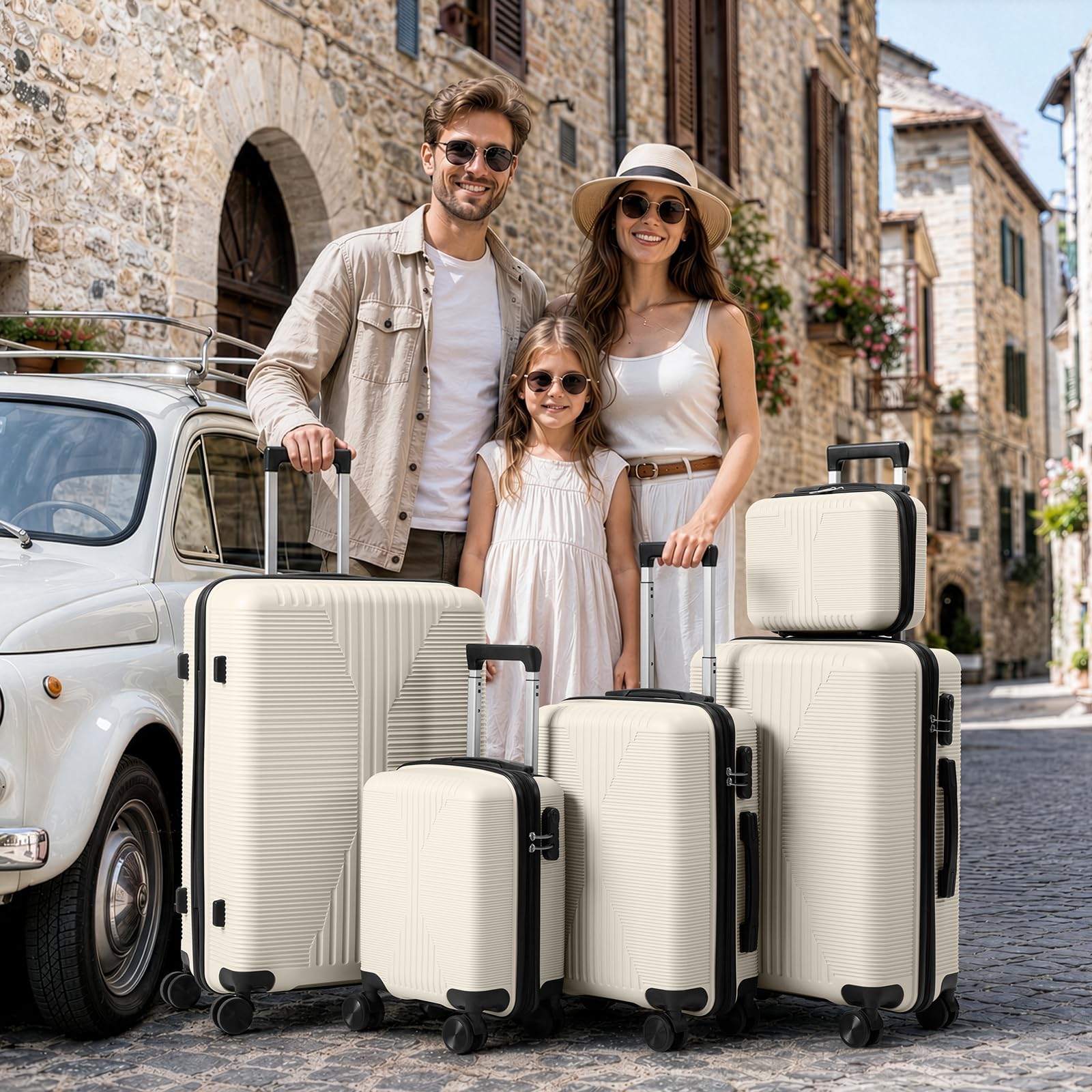 LEADZM Set de 5 Valises en PP, Valise Grande Taille & Cabine (Blanc crème)