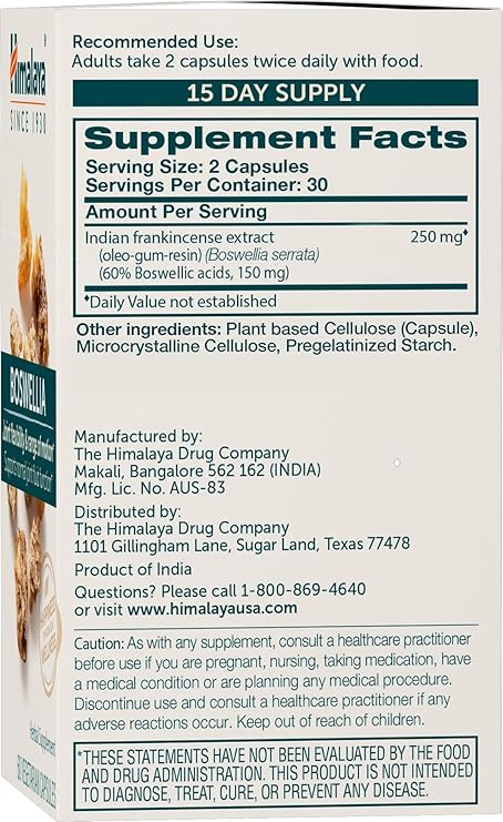 Himalaya Boswellia Extract Capsules, Boswellia Serrata, Boswellia Supplement, Joint Support for Mobility and Flexibility, Frankincense Supplement, Promotes Tissue Preservation, 250 mg, 60 Capsules