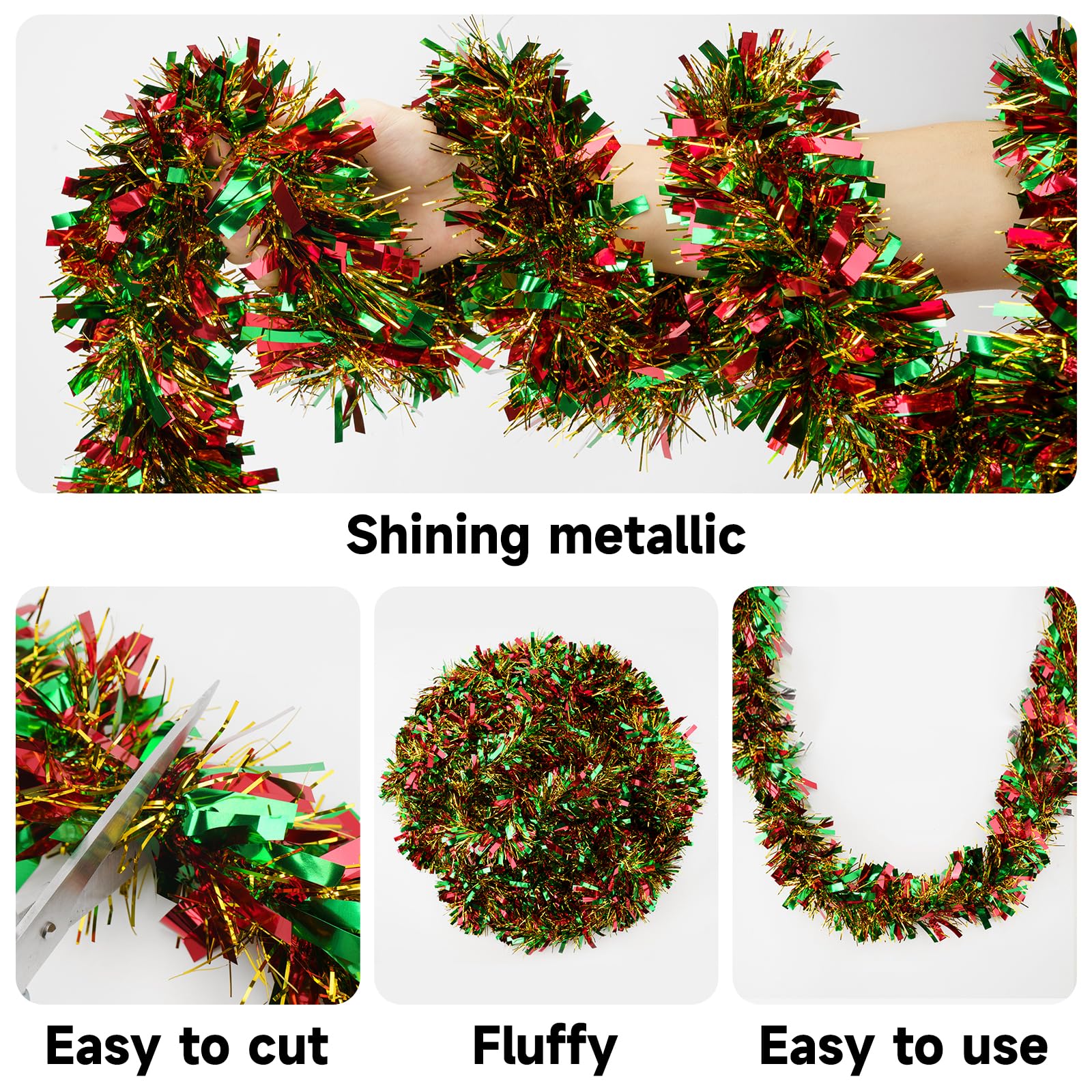 KINGLAKE Christmas Tinsel Garland, 10M x 9CM Red Green Gold Xmas Shiny Decoration - Image 3