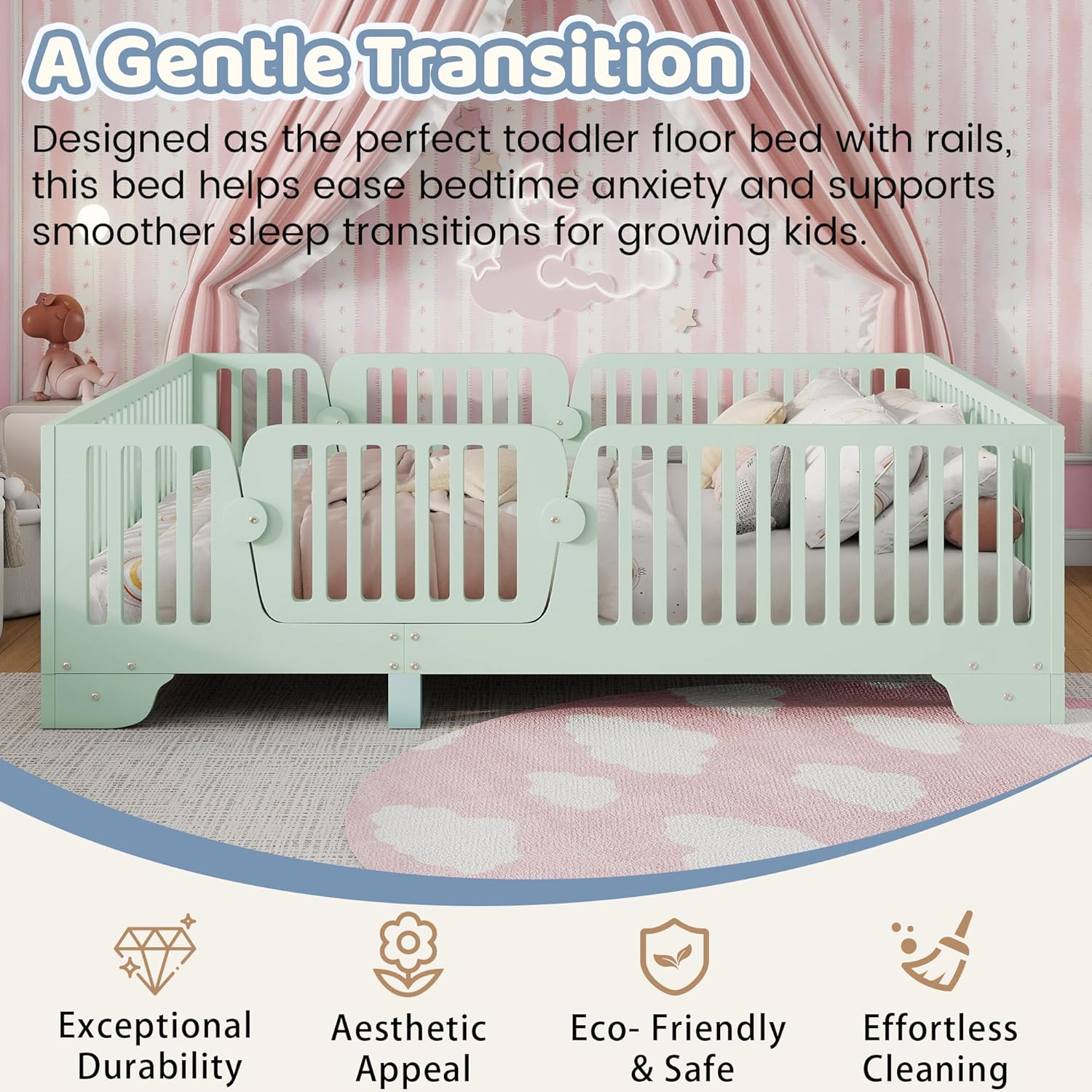 Montessori Full Floor Bed with High Rails and Removable Doors, Wood Low Profile Kids Full Size Bed Frame for Girls Boys, Safe Montessori Crib Floor Bed with Slats ,No Box Spring Needed, Green