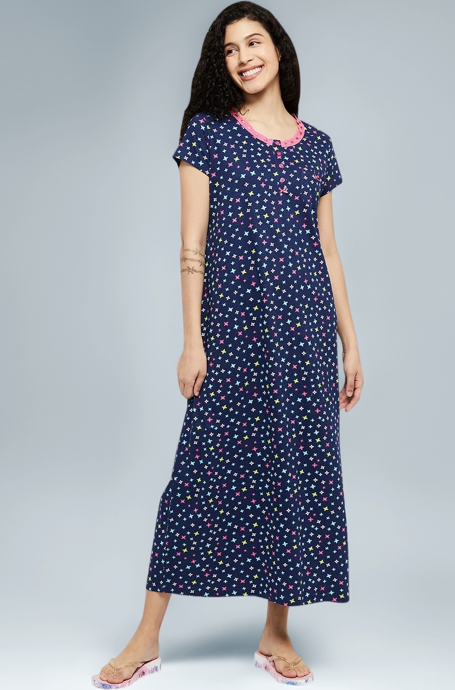 Women Cotton Printed Midi Night Gown