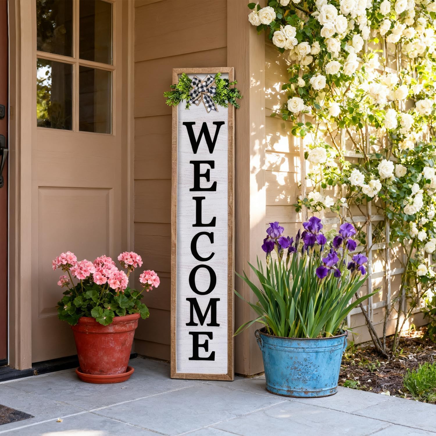 3D Outdoor Welcome Sign for Front Porch Standing 45"X9" Large Rustic Farmhouse Leaner Tall Vertical Soild Wooden Framed Plaque Modren Beautiful Outside Home Front Door Decorations (Wood White)