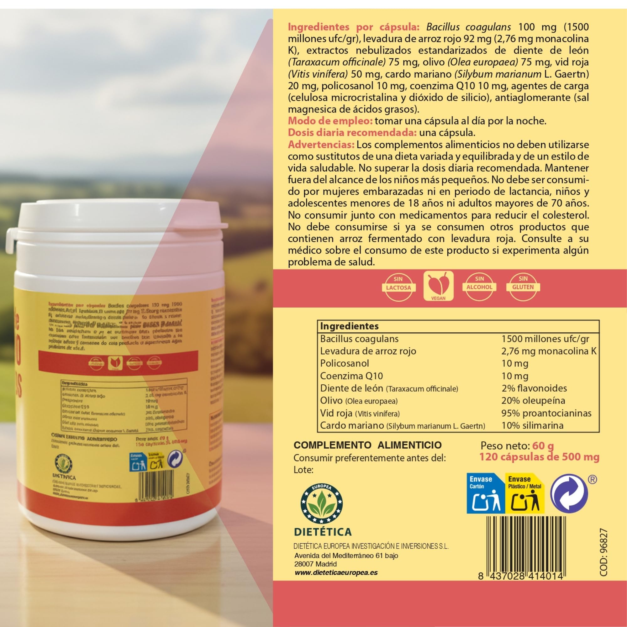 EUROPEA levadura de arroz rojo con Q10 y monacolina k - Arroz rojo colesterol capsulas con Diente de león Cardo mariano y probióticos que ayudan al hígado e intestino - red yeast rice coq10