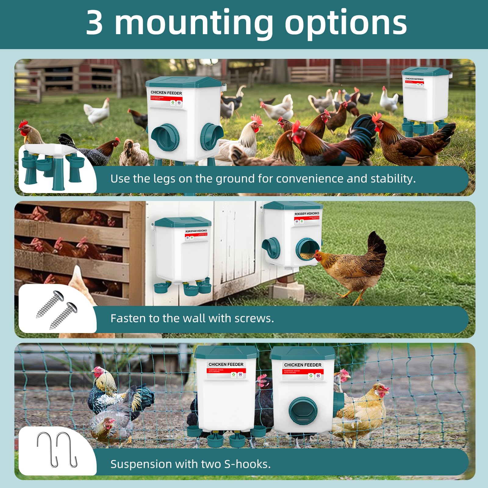 Set de comedero automático para pollos y bebedero para aves, dispensador de alimento para pollos de 8 kg y bebedero para pollos de 7 L, alimentación para aves al aire libre con patas desmontables