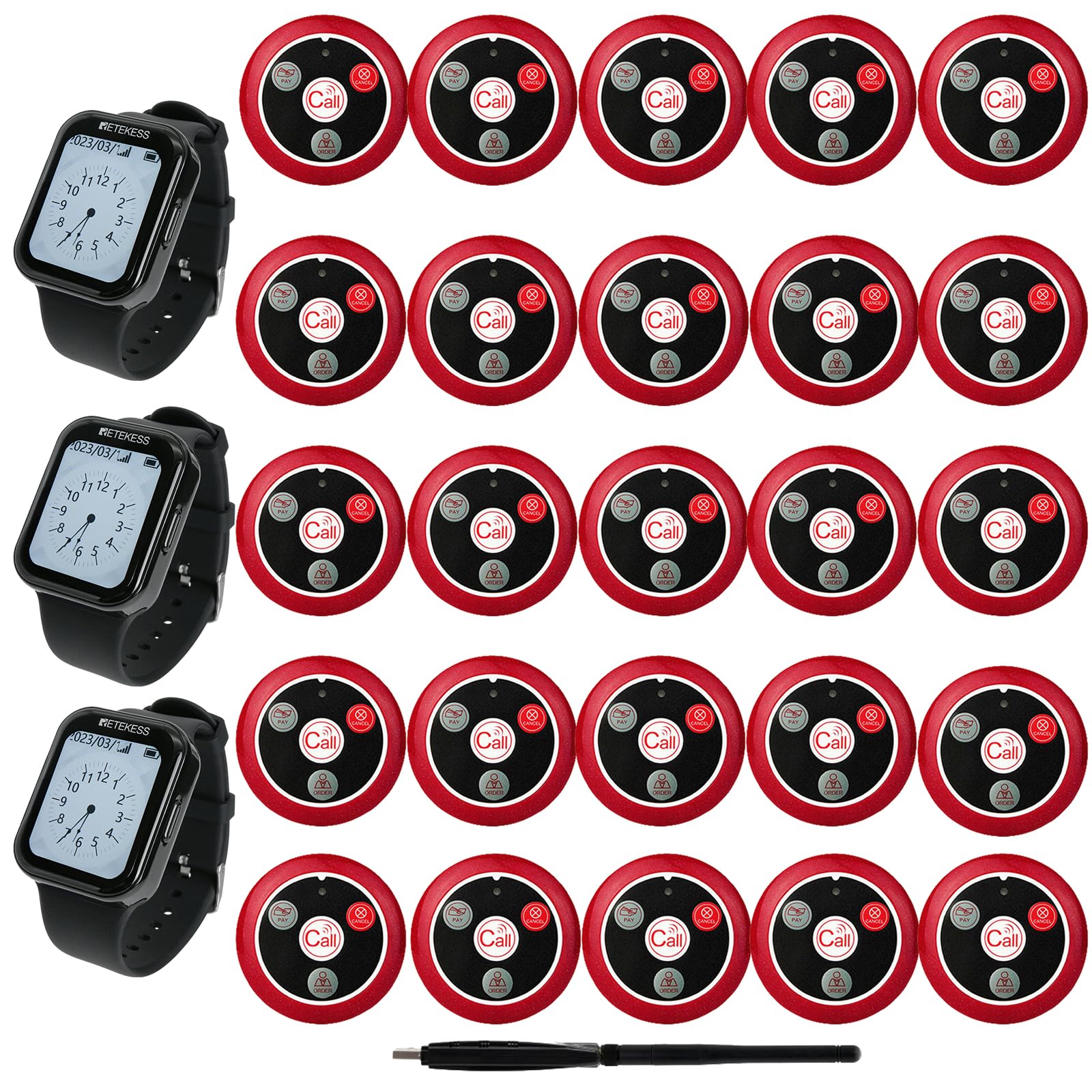 Retekess TD113 Waitress Pager System,Wireless Calling System, IPX67 Waterproof, Touch Screen, 3 Receivers 25 4-Key Call Buttons 1 USB for Restaurant, Waiter