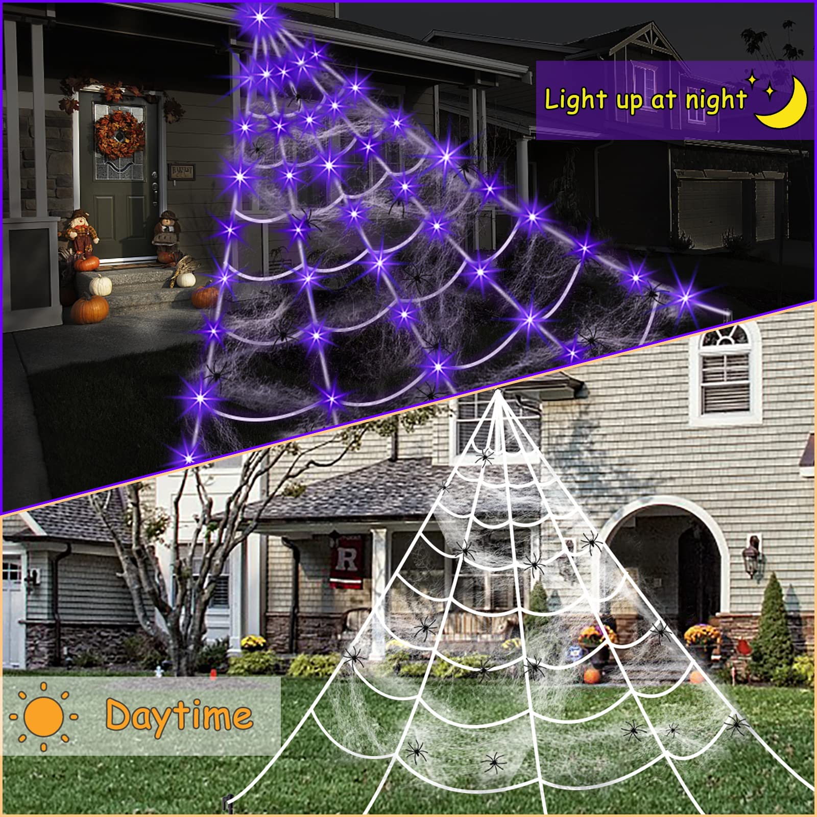 Toile d'araignée pour décoration d'Halloween, 125 LED violettes lumineuses de 5 m, toile d Toile d'araignée pour décoration d'Halloween, 125 LED violettes lumineuses de 5 m, toile d