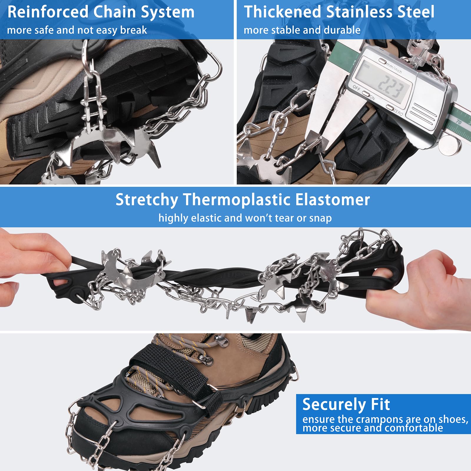 Crampons à 19 pointes antidérapantes pour chaussures et bottes, crampons de traction pour bottes de randonnée, bottes de randonnée, protection sûre pour la marche d'hiver, la randonnée, la pêche sur