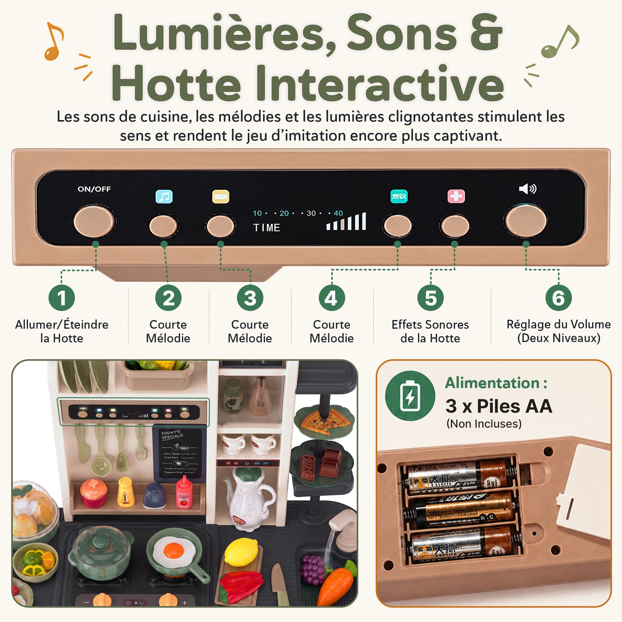 Kinderplay Cuisine Enfant - Hauteur 93.5 cm, Plan De Travail 46 cm - 65 Accessoires | Dinette | Cuisine Fille Complete, KP3297