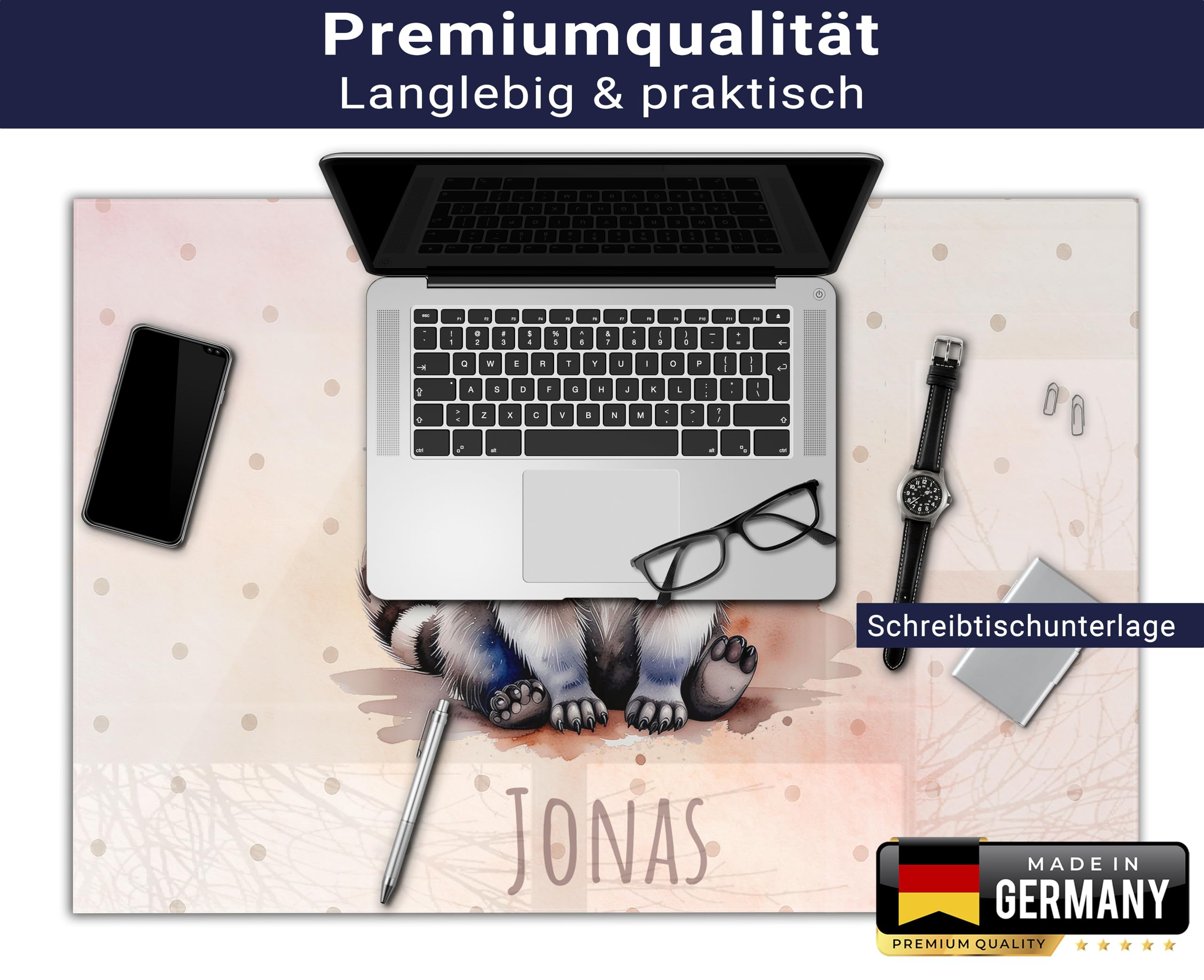 Schreibtischunterlage personalisiert mit Namen | 80 x 50 cm Waschbär | wasserfeste Schreibunterlage, abwischbar, glatt | stabiles, hochwertiges Acrylglas, Kinder Kunststoff Motiv Tiere
