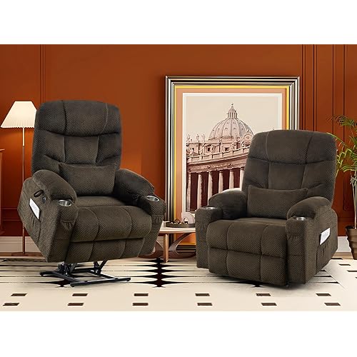 CDCASA Oversized Dual Motor Lay Flat Power Lift Recliner Chair with Massage, Heating, Textile Infinite Position Large Recliner Chairs for Big & Elderly People, USB & Type-C Ports,2 PCS, Brown