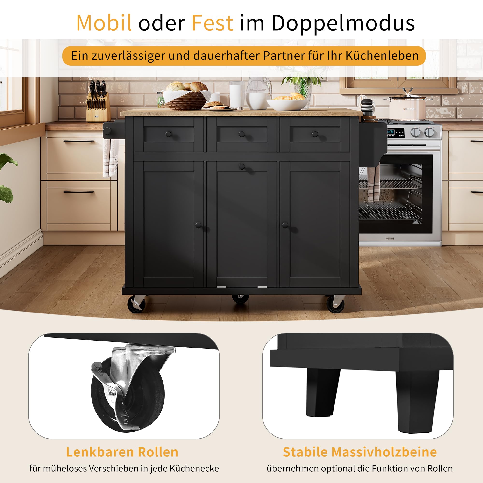 Desserte de Cuisine à roulettes Îlot Central avec Plan de Travail Pliable,2 Portes avec Rangement,3 Tiroirs,poubelle et Étagères Réglables pour Cuisine ou Salle à Manger (Noir-01B-2026, 131X46X93cm)
