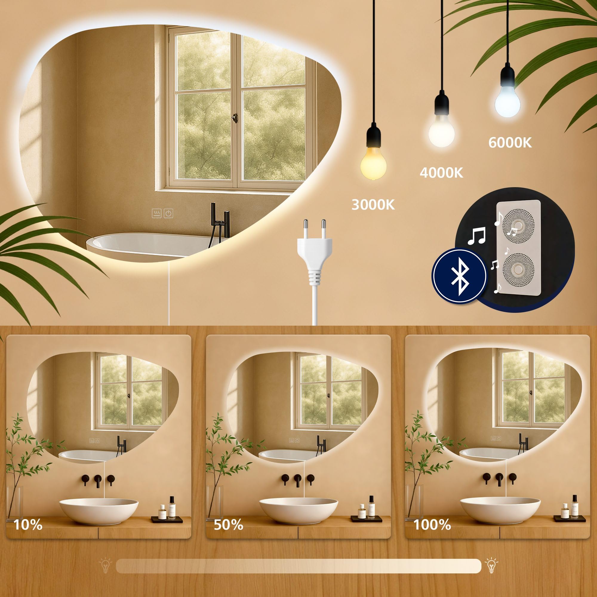CLP Miroir de Salle de Bain Almafie avec éclairage, Miroir de Salle de Bain antibuée, Miroir Mural LED, avec ou sans Bluetooth, Contenu du Set:avec Bluetooth
