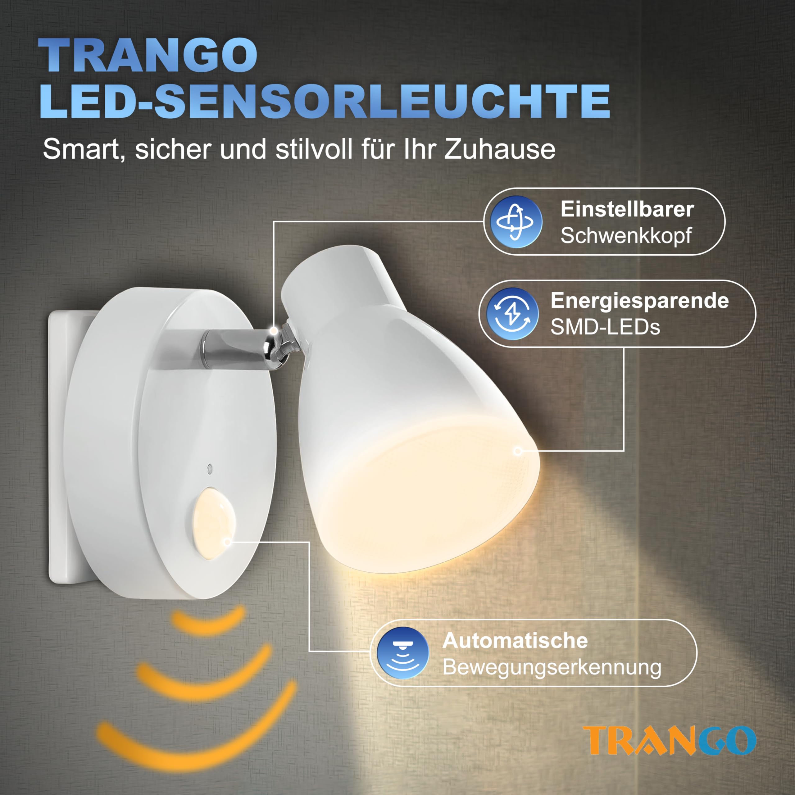 Trango set di 2 Luce notturna a LED TG2635-026 in bianco con funzione automatica 230V con sensore di movimento, luce di sicurezza, lampada a zoccolo, lampada a parete notturna, luce di orientamento