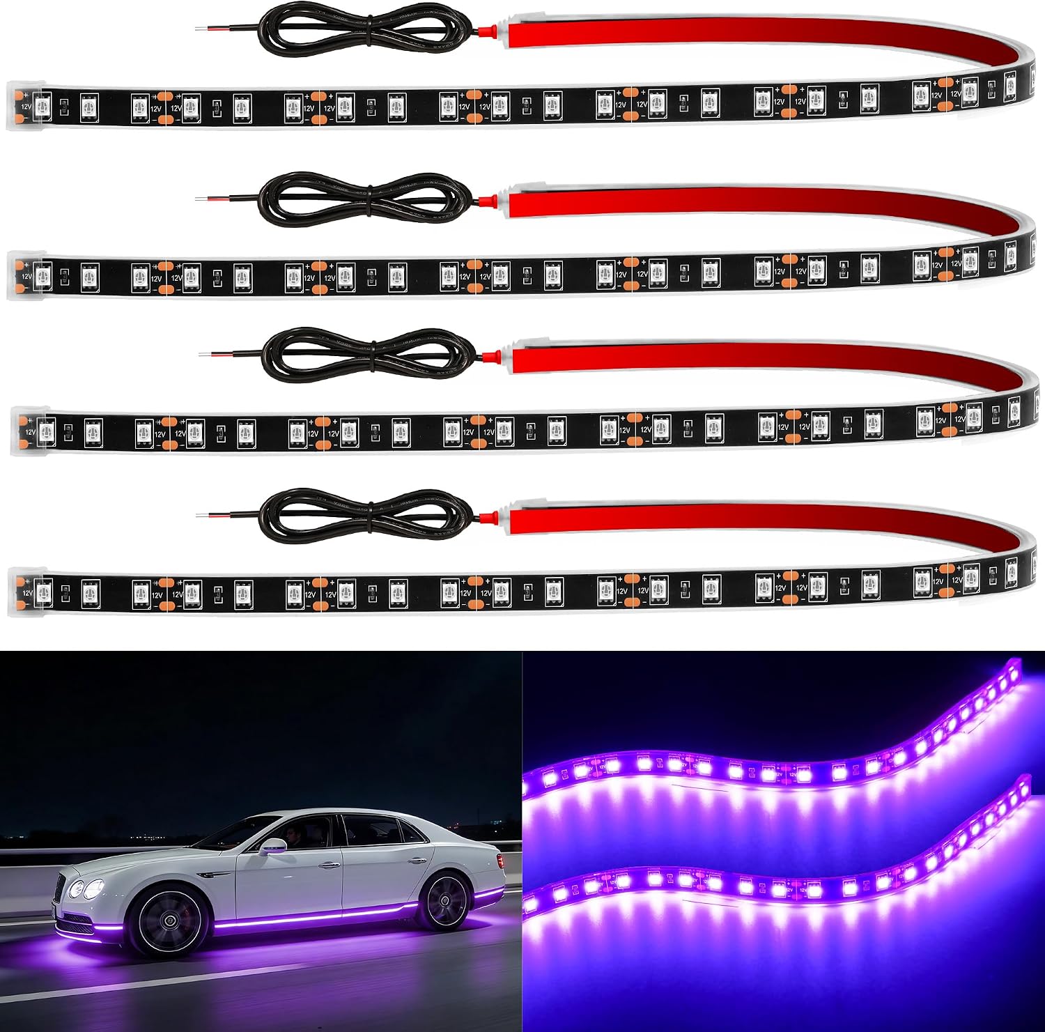 YM E-Bright 4Pcs Led Strip Lights for Car, 24inch Waterproof IP68 Car Underglow Strip Lights Decoration 36SMD 12V Led Interior Exterior Lights Strip for Cars Motorcycles Truck Golf Cart Boat - White