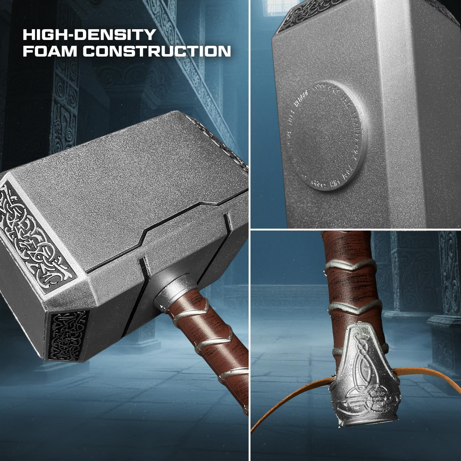 otaku gear 17" Foam Norse God Hammer Prop Replica with Faux Leather Wrist Strap for Costume, LARP, Cosplay, & Display Collections