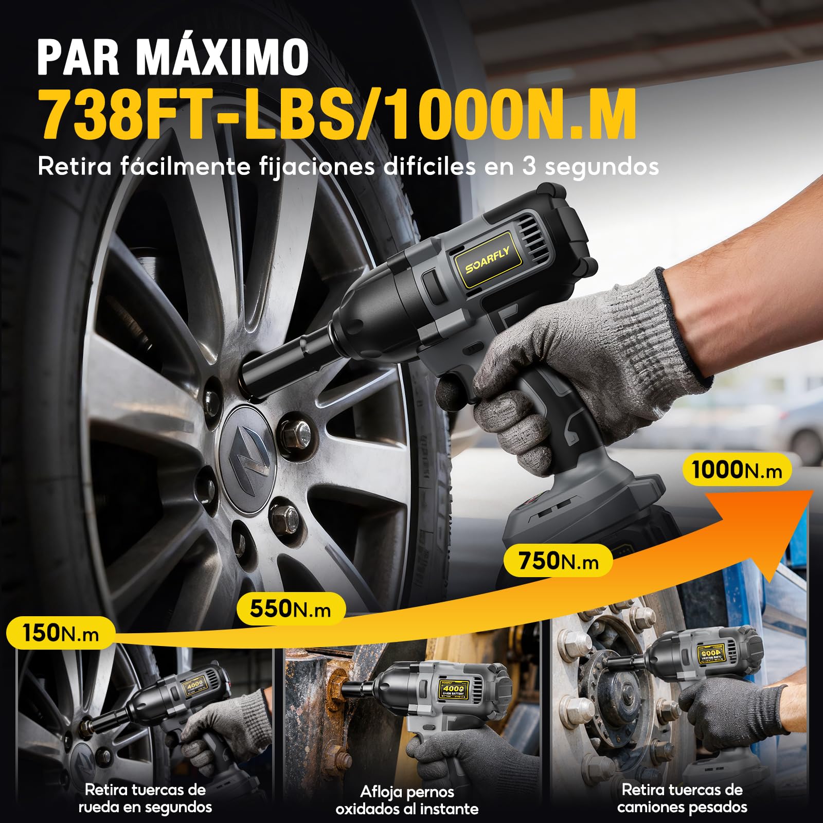 SoarFly Llave de impacto a bateria, 1000 Nm, 21 V, 2 baterías 4.0Ah | Motor sin escobillas, 3 velocidades, parada automática, luz LED, maletín rígido