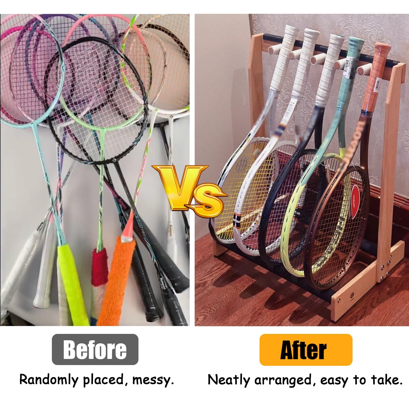 Rastrelliera Racchetta Tennis Grande capacità Porta Racchette da Tennis, Ripiano Porta Racchette in Legno con Braccioli in Schiuma, Contiene 8 Racchette, per Palestre e Aree di Allenamento