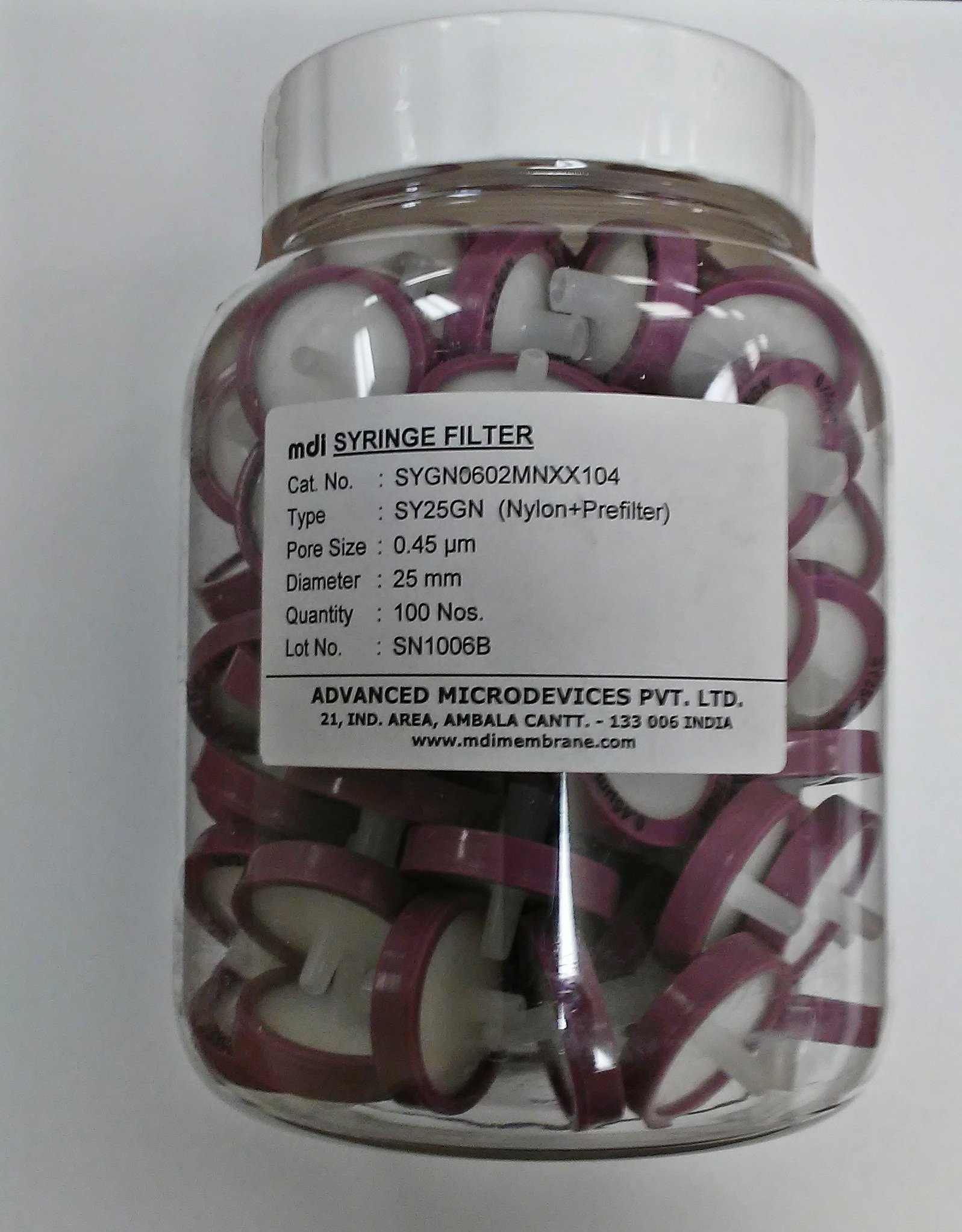 mdi SYGN0602MNXX104 Nylon-66 Membrane Syringe Filter with Microgalssfiber Pre-Filter, Non Sterile, Female Luer-Lock Inlet, Male Luer Slip Outlet, 25 mm Diameter (Pack of 100)