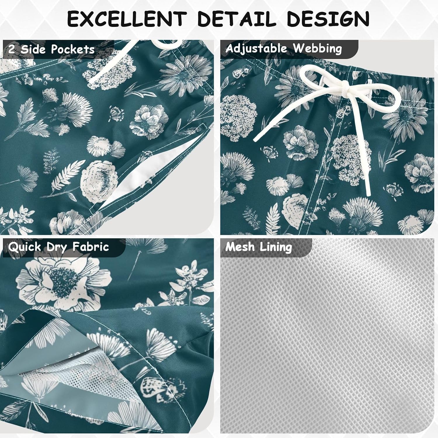Boccsty Blue Botanical White Floral Flowers Boys Swim Trunks Baby Kids Swimwear Summer Toddler Beach Board Shorts 2T