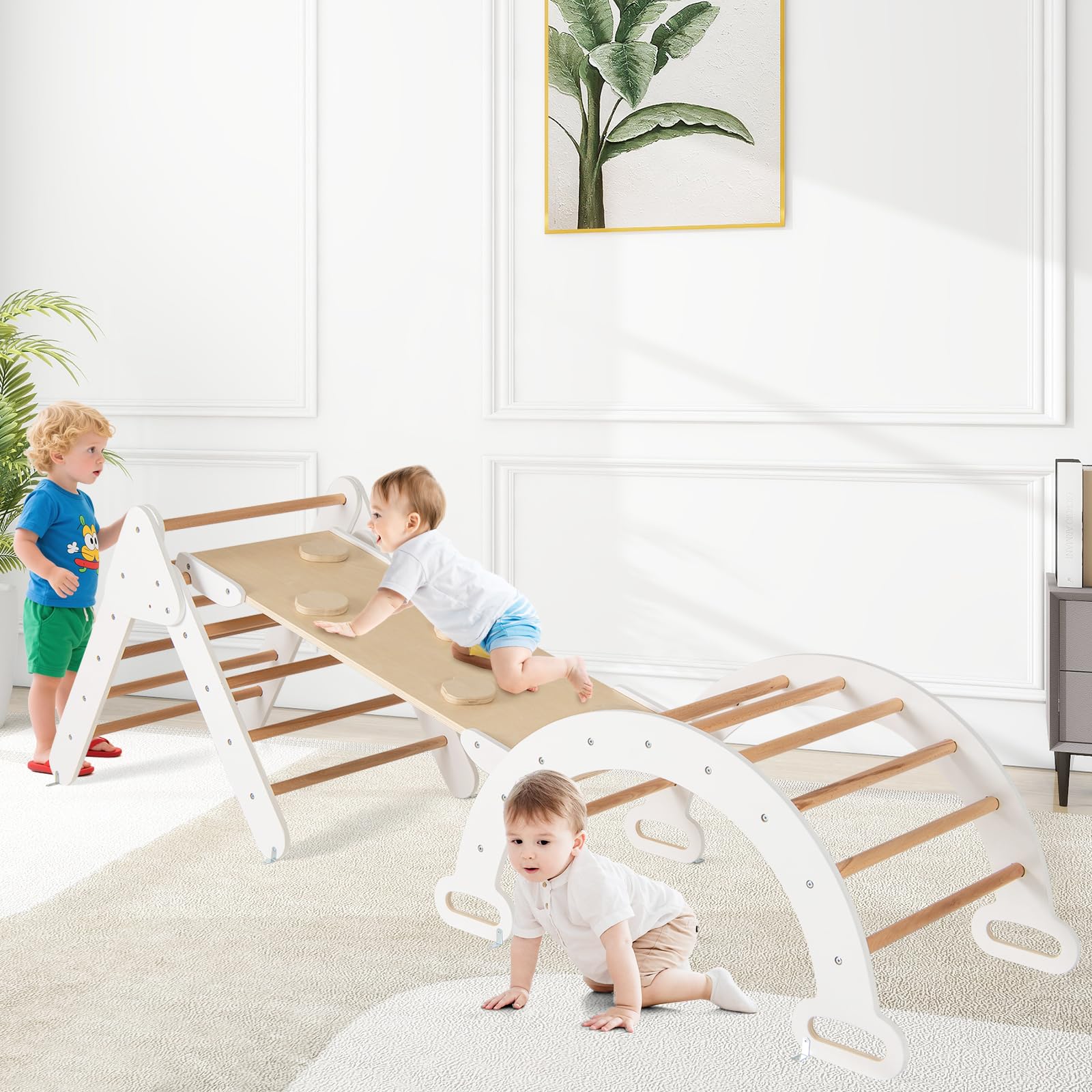 RELAX4LIFE 4 in 1 Triangolo da Arrampicata con Scivolo per Bambini, Arco da Arrampicata e Scala per Arrampicarsi in Legno, Montessori Giocattoli Bimbi 2 3 4 5 Anni