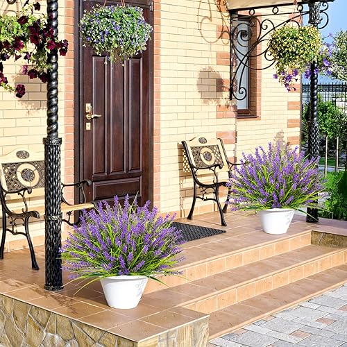 Miniatura 9 de N&T NIETIN - 10 paquetes de plantas artificiales para exteriores, hierba falsa de mono con flores, plantas falsas resistentes a los rayos UV para