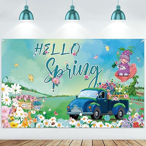 Telón de fondo de gnomo de primavera, diseño de margaritas de camión azul, mariposa, poliéster, fotografía, flores, decoración de fondo, vacaciones,