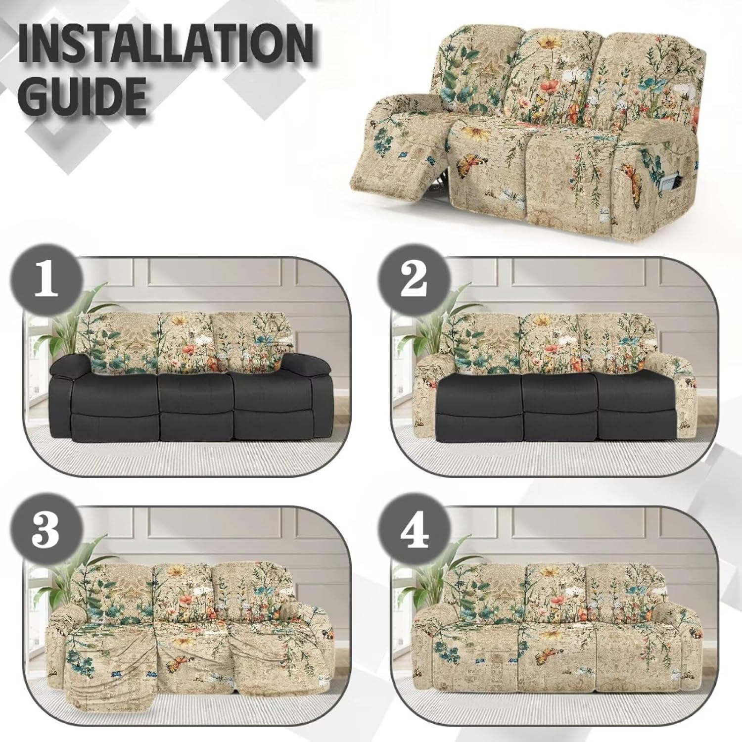 3 Seat Recliner Covers Floral Patterned Furniture Protection for Recliners 3 Seater, Washable Reclining Couch Cover Soft, Easy to Clean