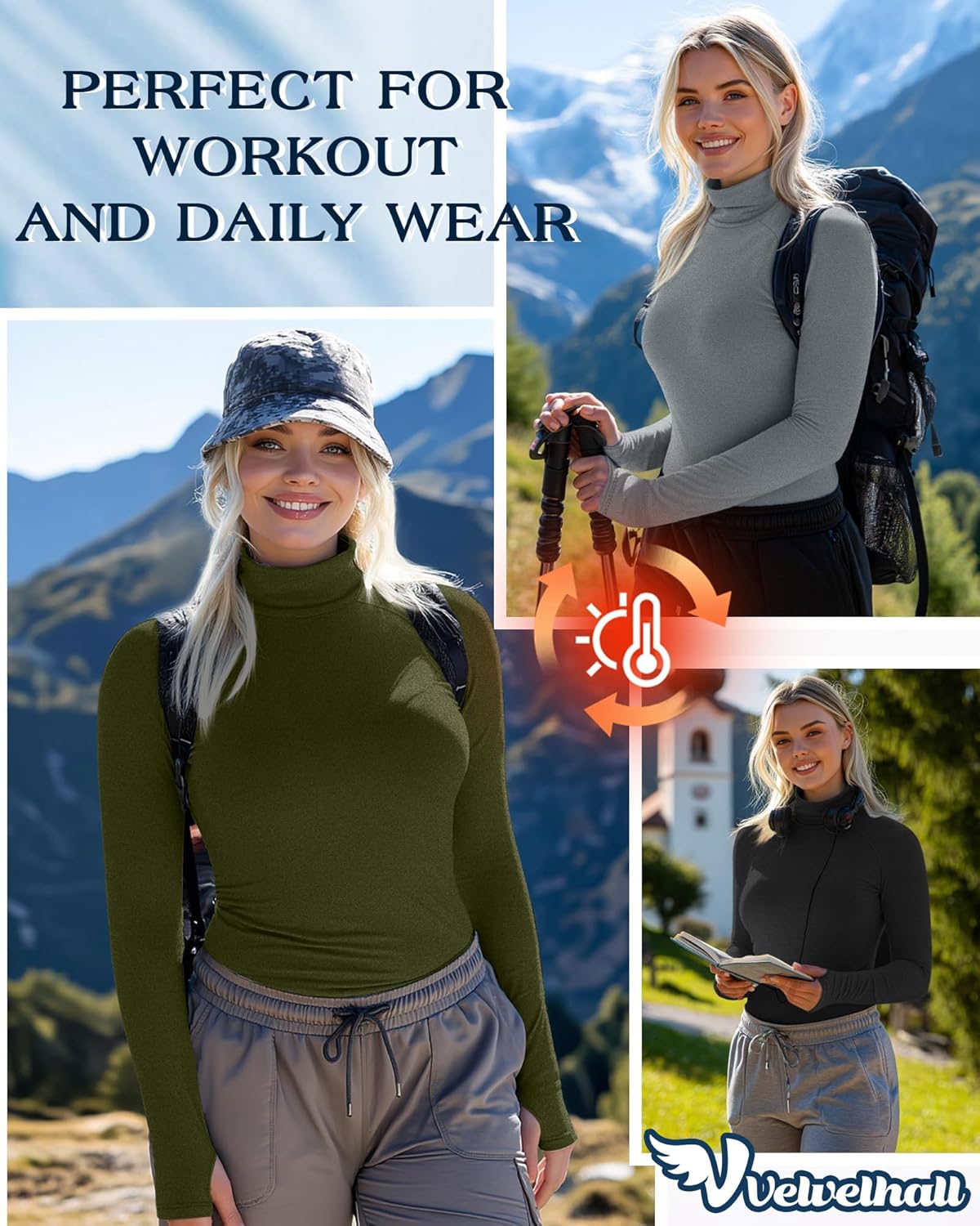 3 Pack Women's Plus Size Thermal Turtleneck Long Sleeve Fleece Shirts, Raglan Sleeve Thumbholes Layering Tops - Image 3