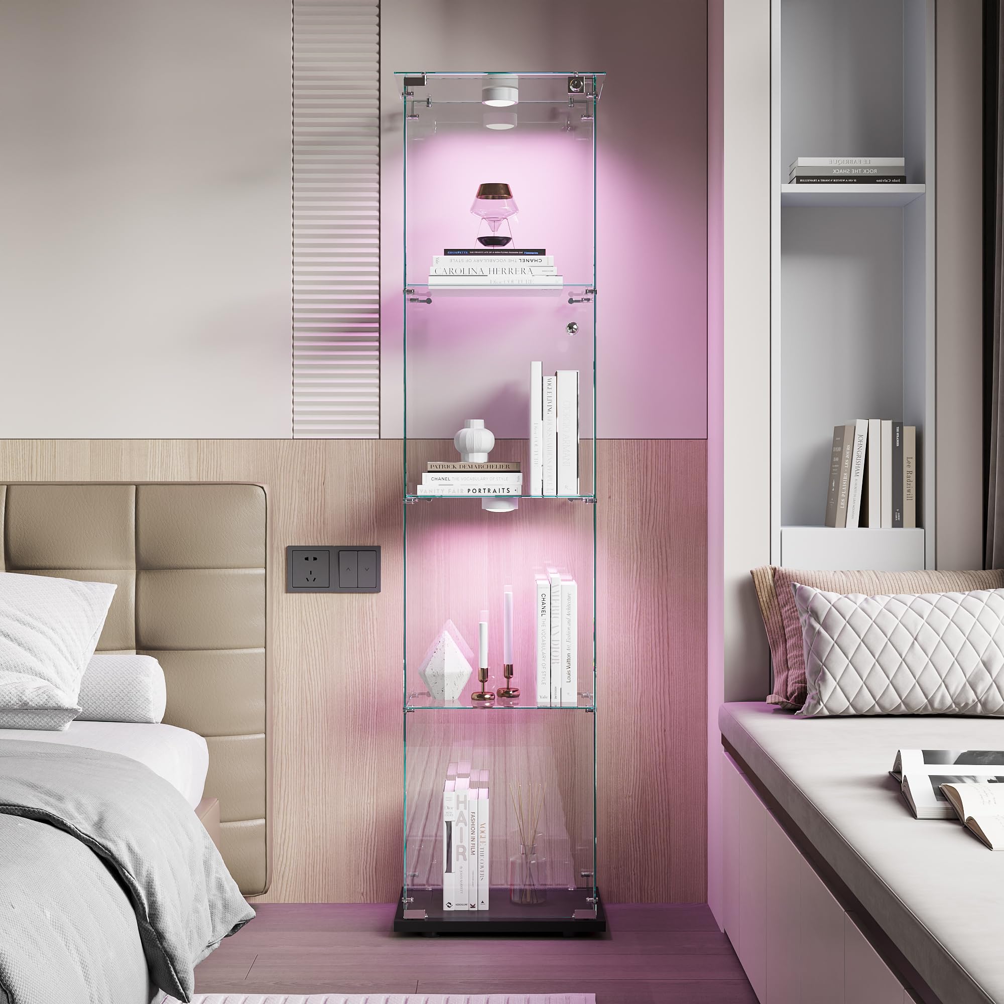 Vitrina Expositora para Colecciones Grande, vitrina de Cristal con luz 163x35x39.8 cm Vitrina Expositora con led 1 Puertas 4 Estantes vitrina expositora transparente (1puerta 4planta, Negro A)