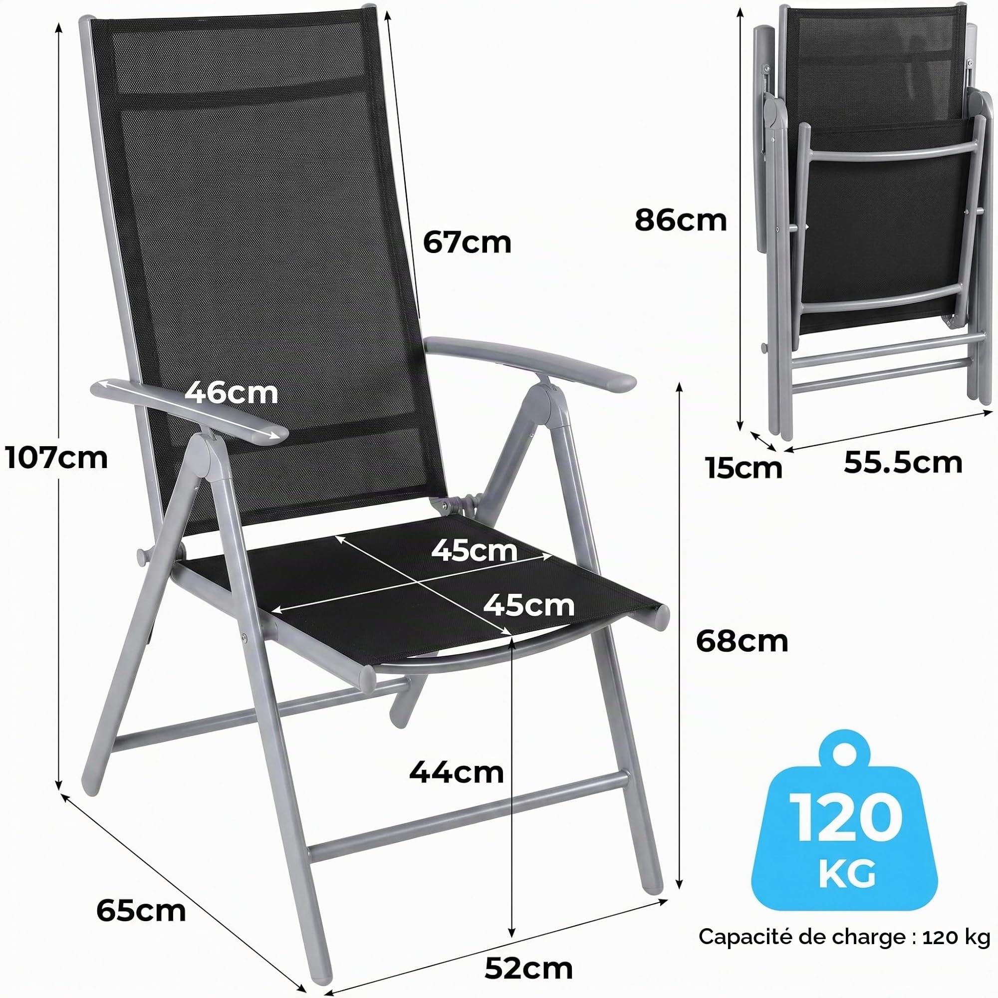LIFERUN Lot de 2 Chaises de Jardin Pliantes avec Accoudoirs