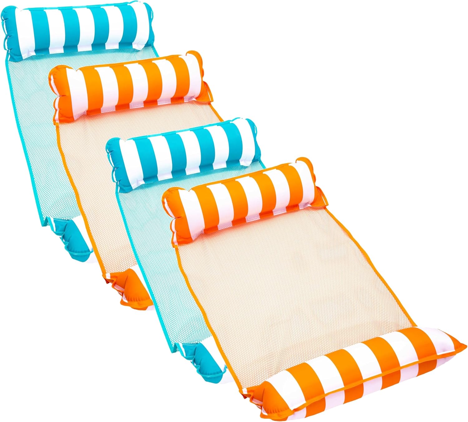 Aqua 4-in-1 Monterey Hammock Pool Float & Water Hammock, Multi-Purpose, Inflatable Pool Floats for Adults, Patented Thick, Non-Stick PVC Material, Two Light Blue and Two Orange/White Stripe, 4-Pack