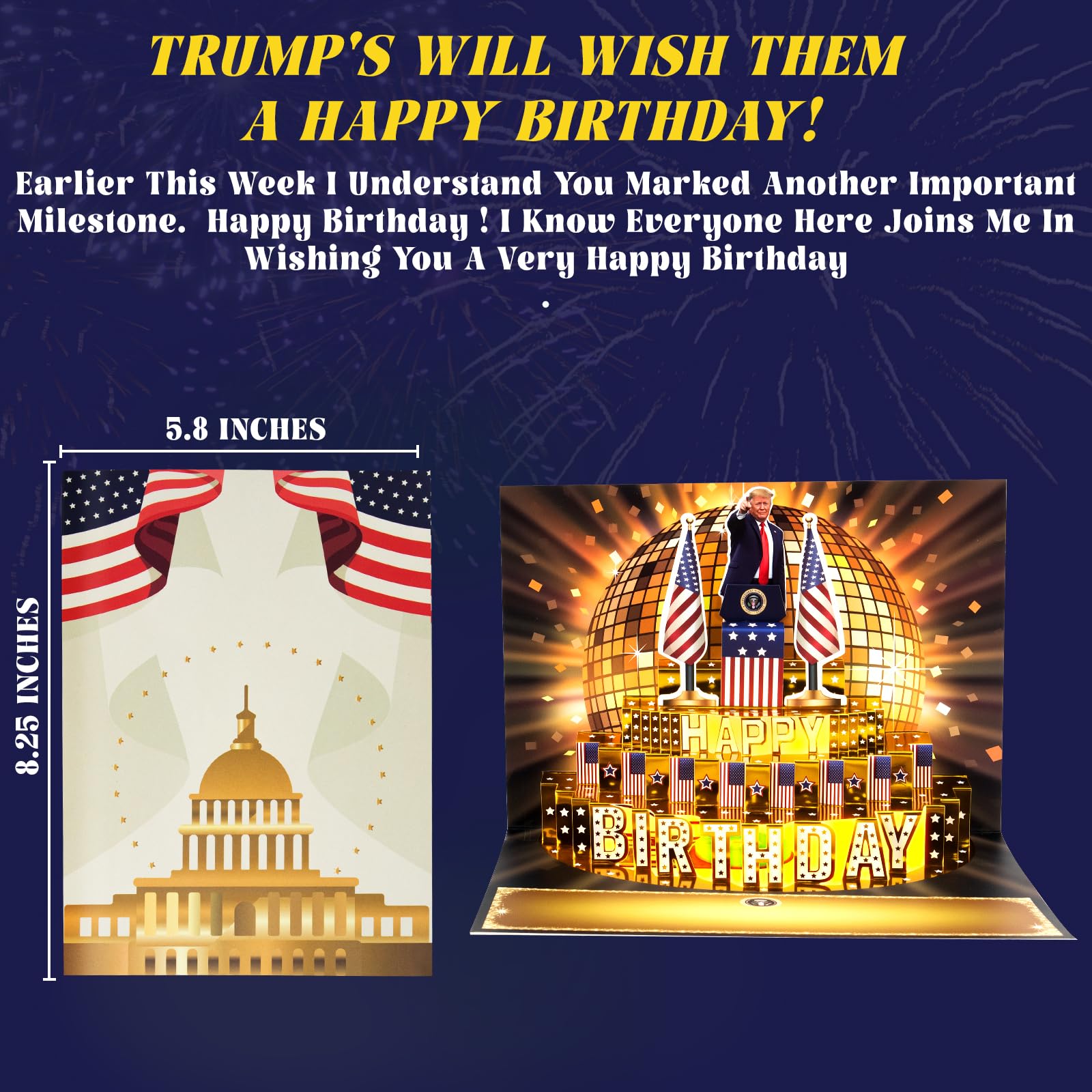 Tarjeta de cumpleaños, tarjetas de felicitación del presidente Donald parlante con mensaje de voz real y luz para hombres y mujeres, padres, parejas (cumpleaños, pastel dorado)