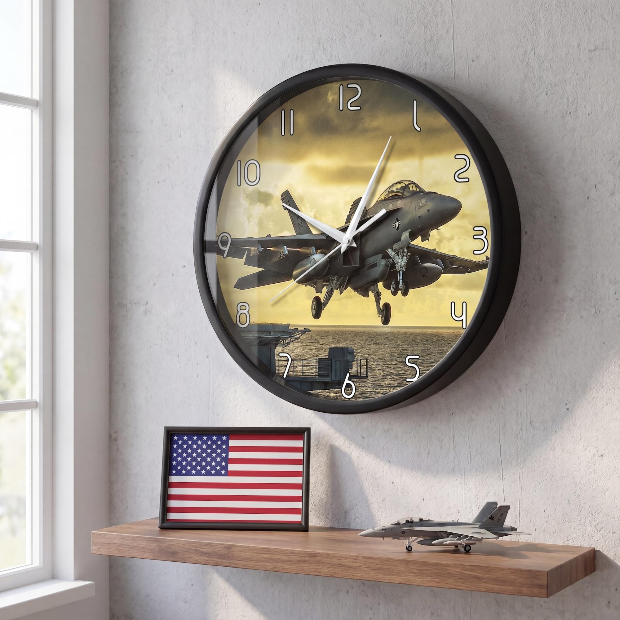 Reloj de pared con marco de metal impreso de avión de salida, silencioso sin tictac, funciona con pilas, avión, aeropuerto, marco de aluminio negro, regalo para piloto, aviador, dormitorio