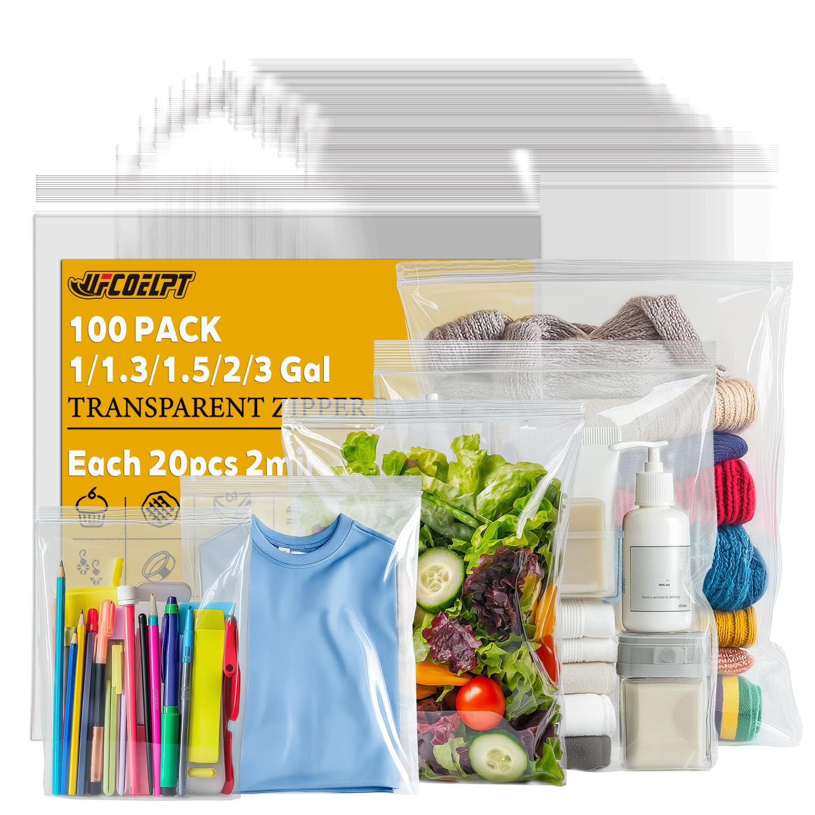 Reclosable Zip Bags, 5 Gallon Sizes, 100 Count, 2 Mil