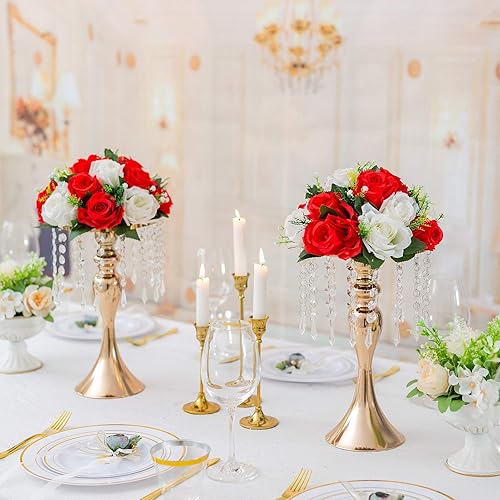 Miniatura 3 de Sziqiqi - Centro de mesa elevado con flores de color dorado y cuentas de cristal colgando para eventos, fiestas, bodas, recepciones, arreglos