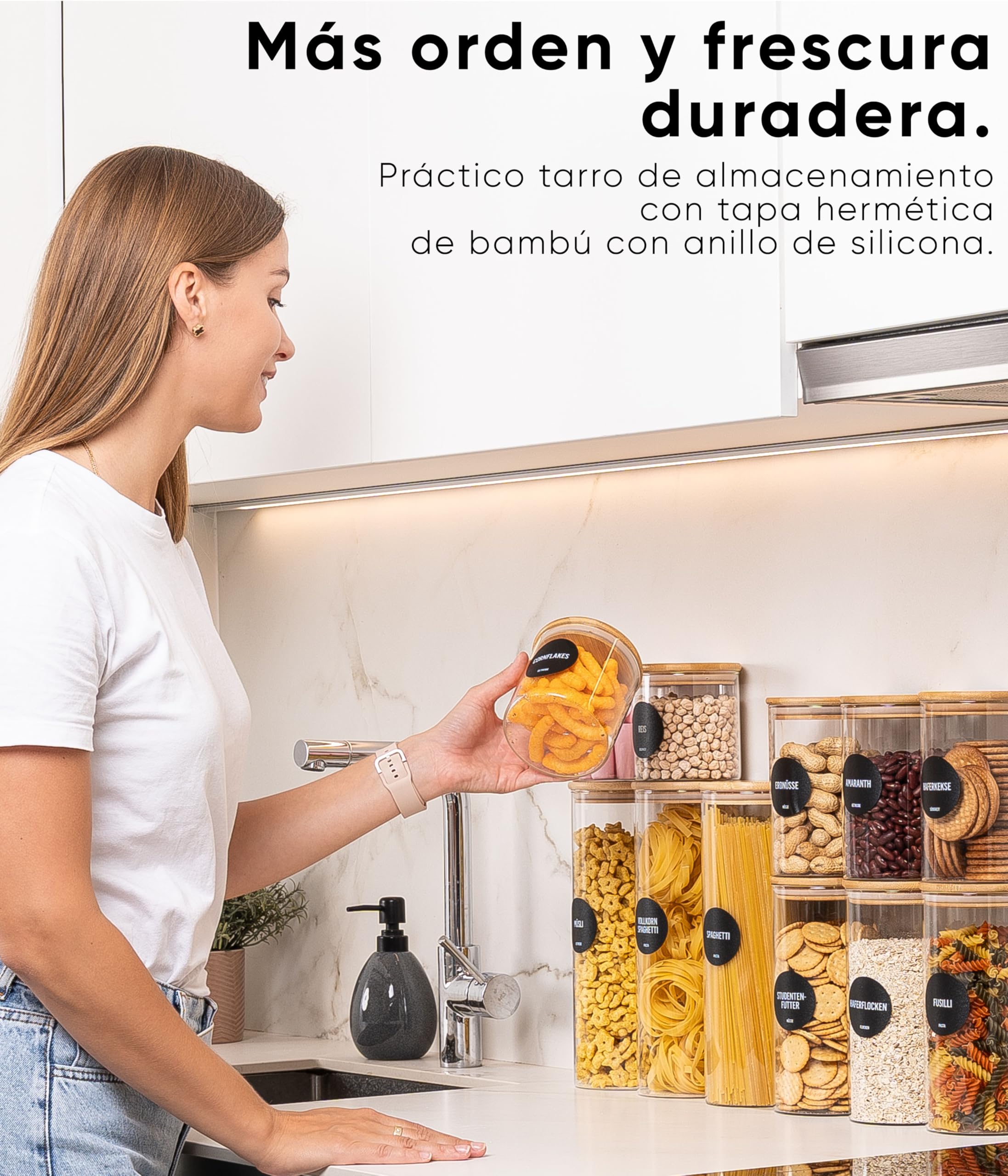 Deco haus® Tarros de Cristal con Tapa hermética, Juego de 8 [+ Etiquetas], Botes Cocina Almacenaje, Tarros Cristal con Tapa de Madera, Frascos de vidrio Apto para Harina, Café, Pasta | Tarros de cristal con tapa para cereales, cereales, harina y demás